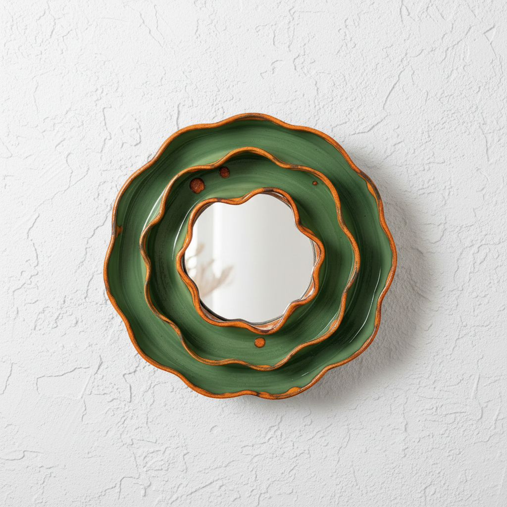 A decorative ceramic wall mirror with a scalloped, layered flower-like shape in dark green and terracotta orange glaze, mounted on a white wall.